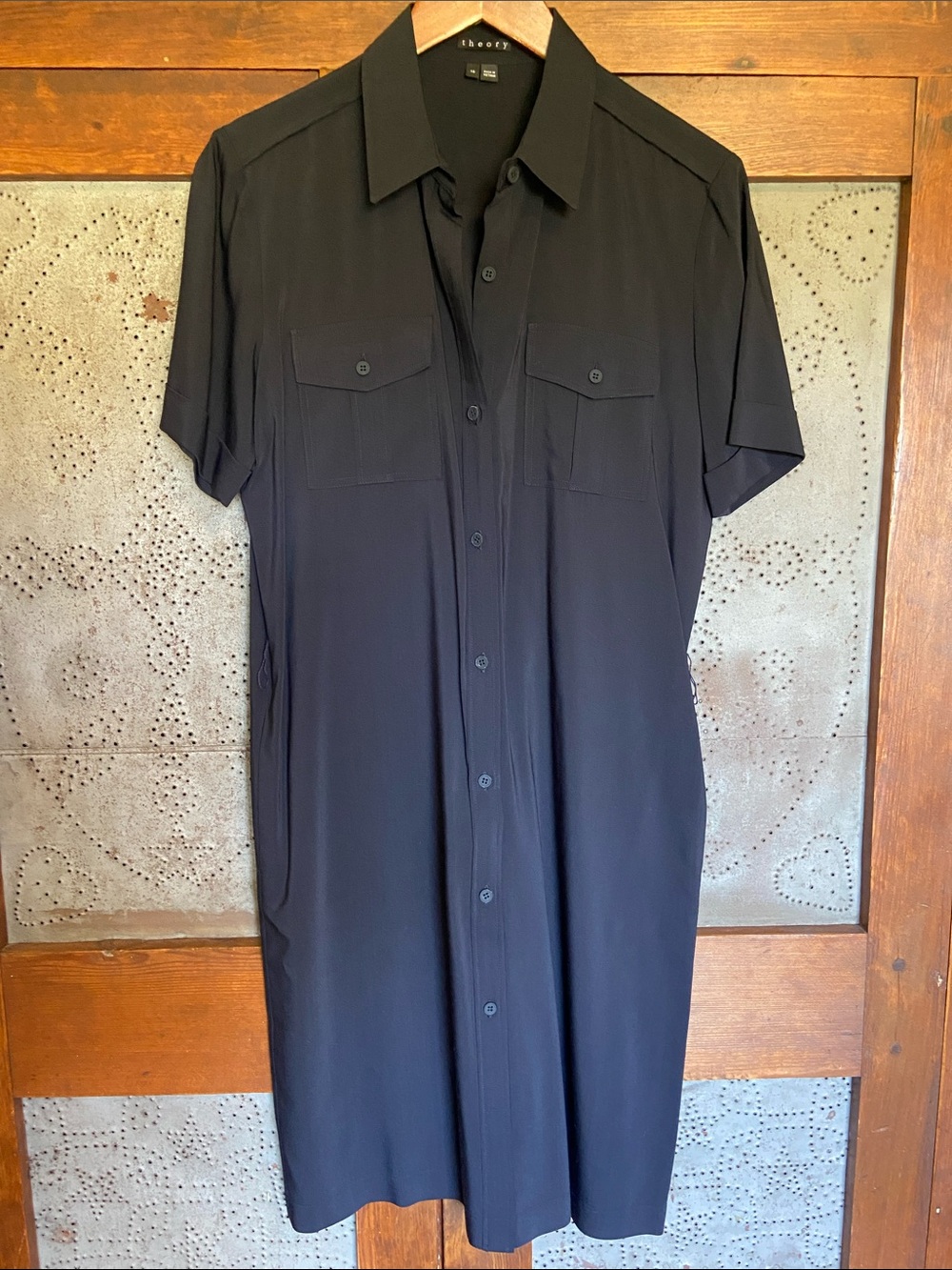 Theory Navy Blue Belted Button Down Collar Dress Short Sleeve Size 10